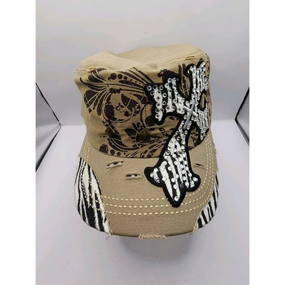 Women's KB ETHOS Khaki Hat Cross Adj OSFM Distressed Zebra Print - Picture 1 of 7